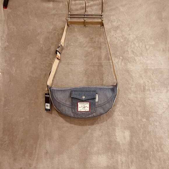 True Religion Denim Crossbody Bag Adjustable Strap Patch Pocket New Messenger Pu - Picture 1 of 16